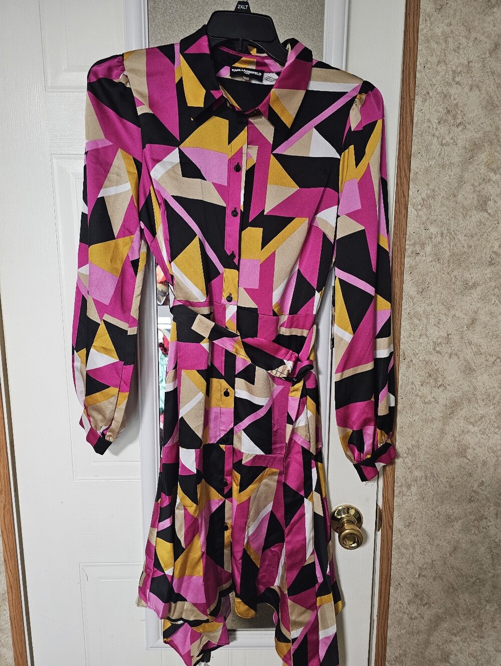 Karl Lagerfeld Geometric Long Sleeve Shirt Dress in Pink, Black & Gold
